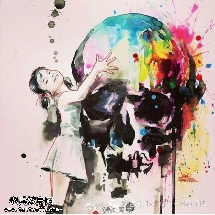 泼墨骷髅女孩纹身手稿图案