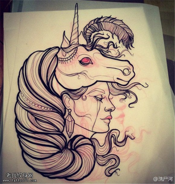 素描女郎独角兽纹身是图片