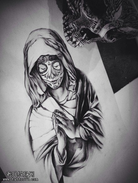 黑灰素描圣母玛利亚纹身手稿图案