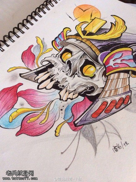 彩色个性鬼武士纹身手稿图案