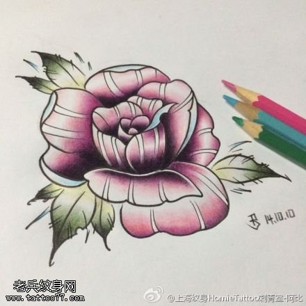 彩色school玫瑰花纹身图