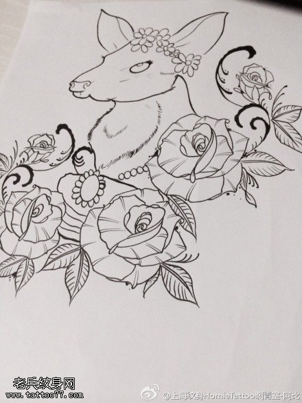 玫瑰花鹿纹身手稿图案