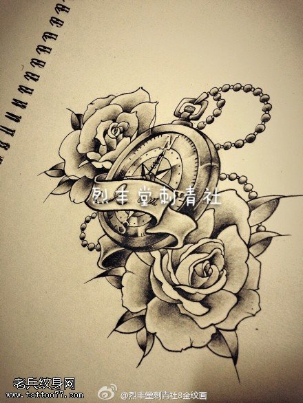 素描玫瑰花指南针纹身图案