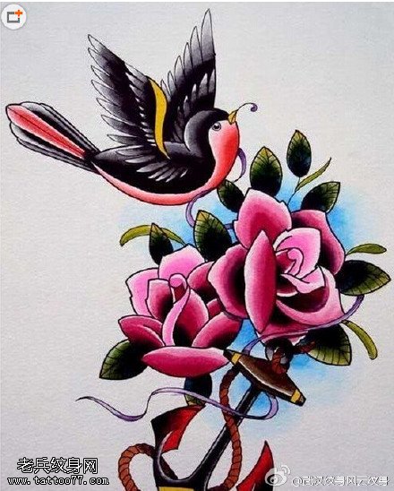 彩色玫瑰花燕子船锚纹身手稿图案