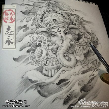 霸气云雾缭绕象神纹身图案