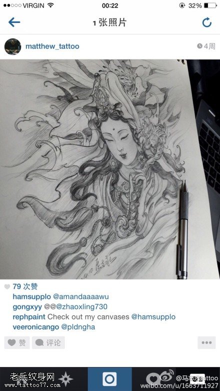 小清新素描观音纹身图案