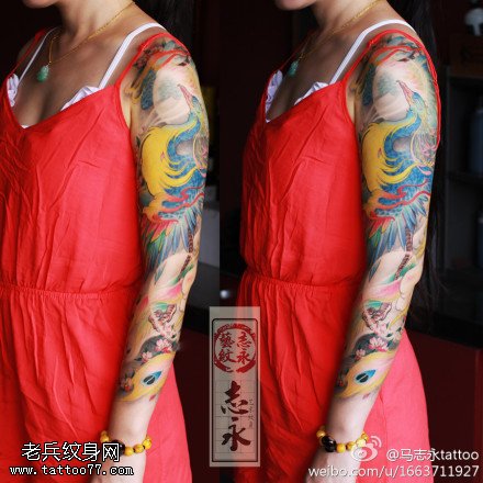 胳膊水彩美丽凤凰纹身图案