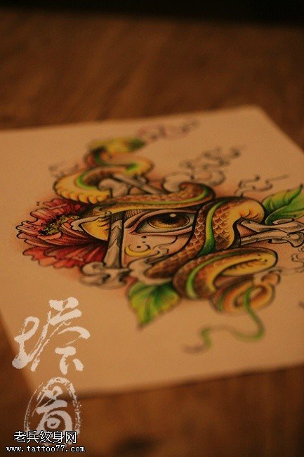 彩色蛇上帝之眼纹身手稿图案
