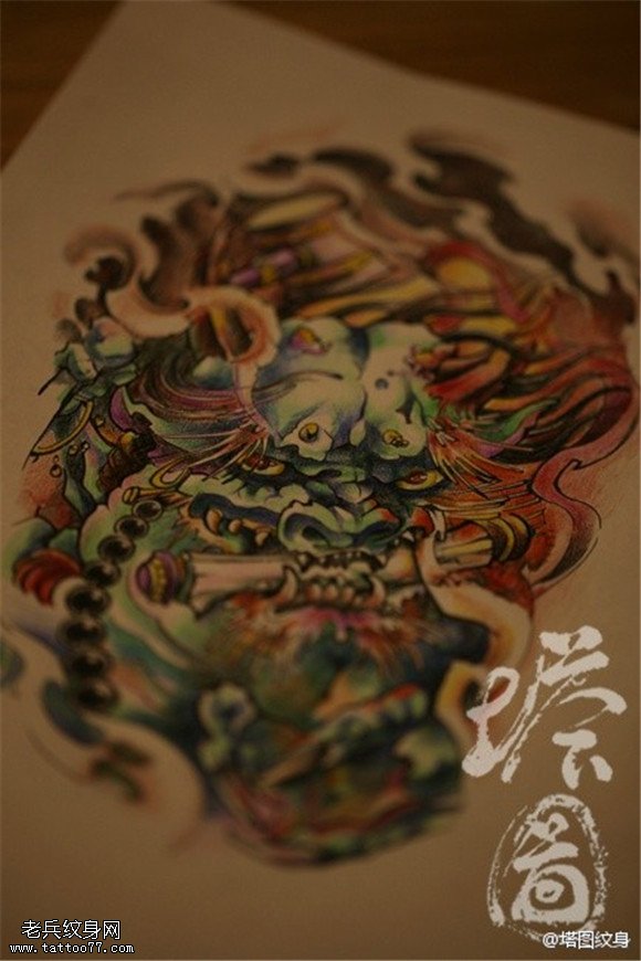 彩色唐狮纹身图案