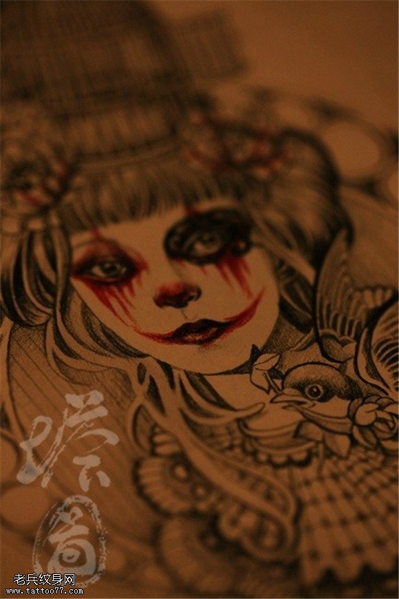 个性女郎燕子纹身手稿 图案
