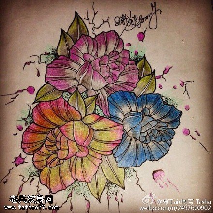 彩色花朵纹身手稿图案
