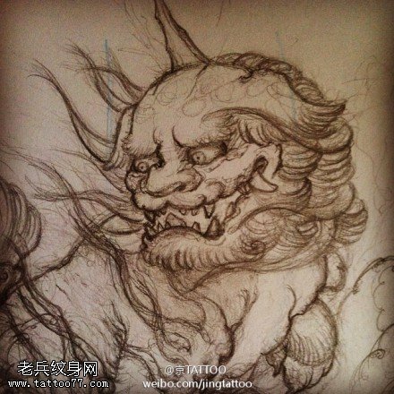 青面獠牙长角般若纹身图案手稿