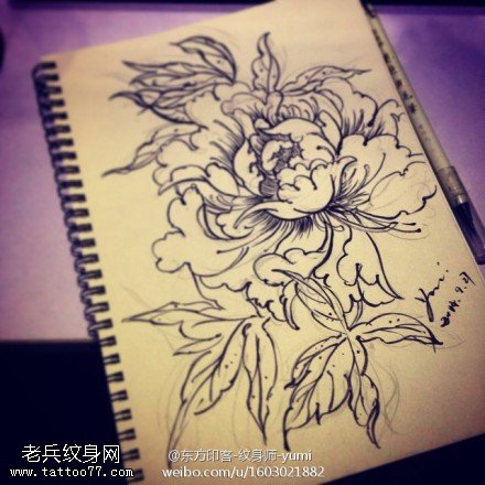黑灰牡丹花纹身手稿图案