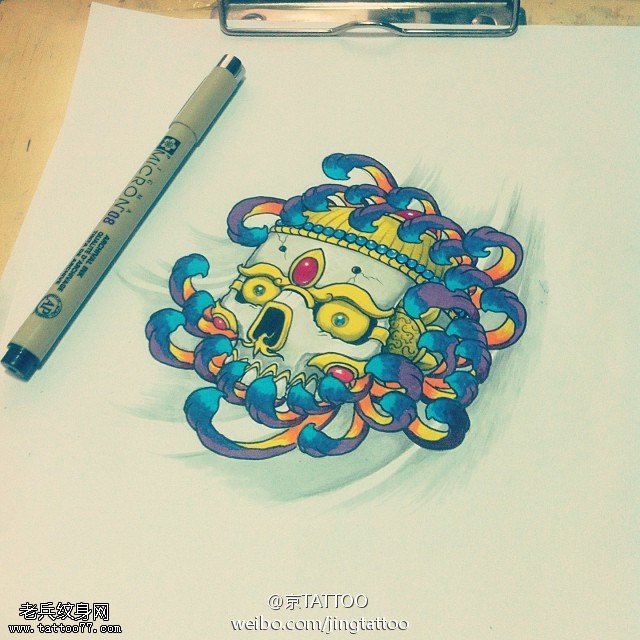 色彩鲜艳形象菊花骷髅头纹身图案手稿
