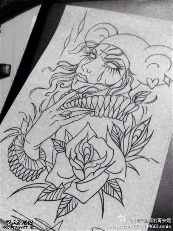 女郎玫瑰花纹身手稿图片