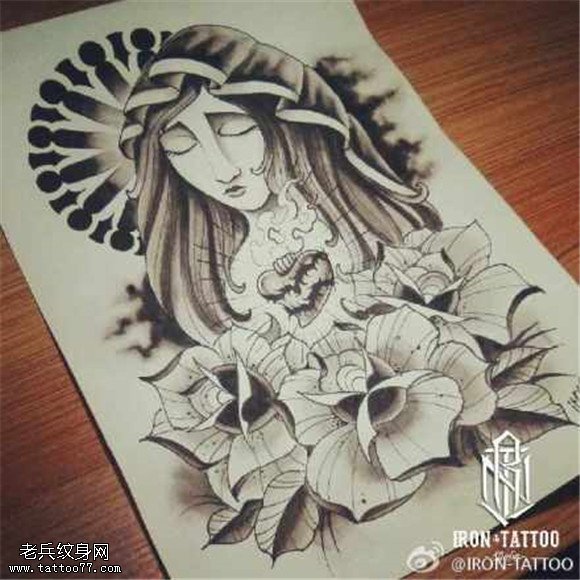 圣母玛利亚玫瑰花纹身图片