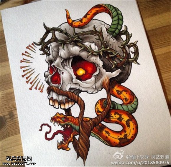 彩色骷髅蛇纹身手稿图片