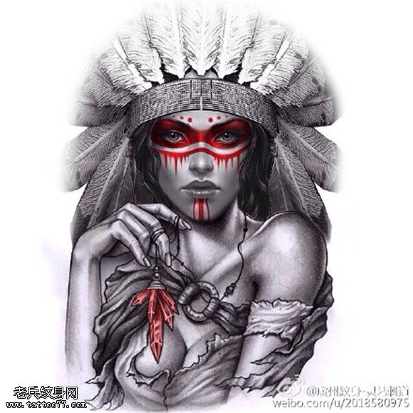 彩色印第安女郎纹身手稿图片