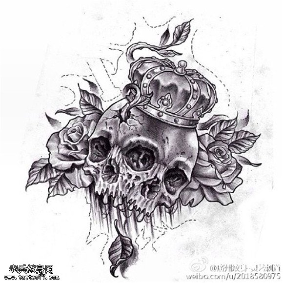 骷髅玫瑰皇冠纹身手稿图案