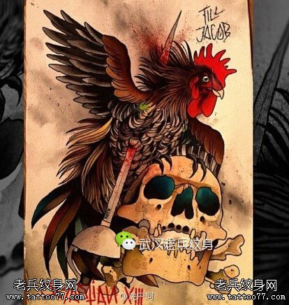 彩色个性公鸡骷髅纹身手稿图案