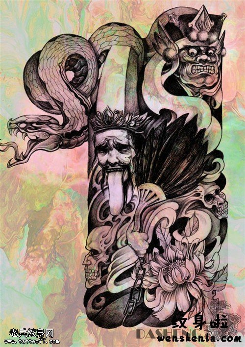 半胛黑白无常纹身图案
