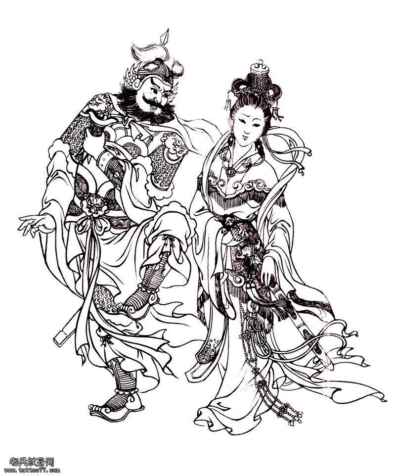 线条版霸王别姬纹身图案