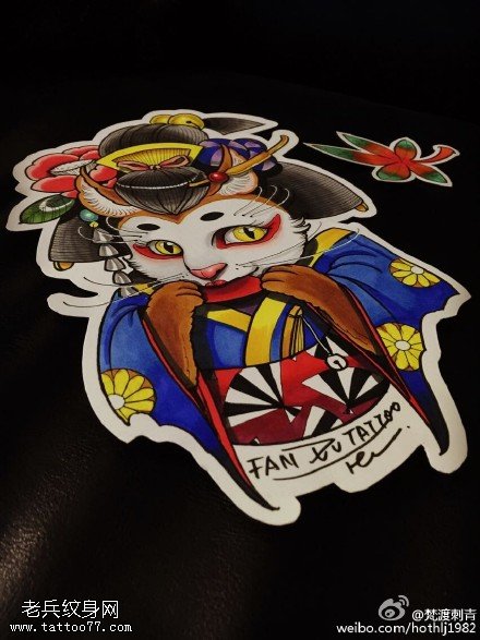 彩色武士猫咪纹身图片