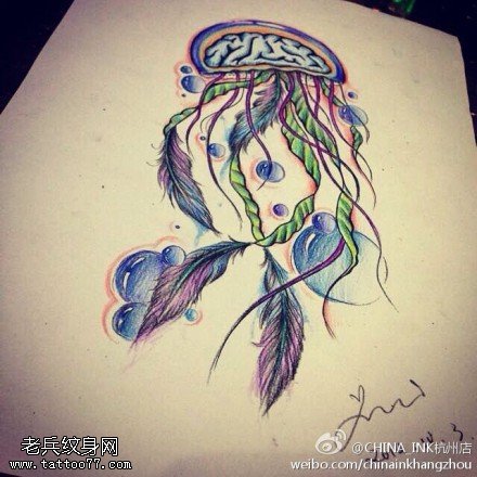 彩色个性水母纹身手稿图