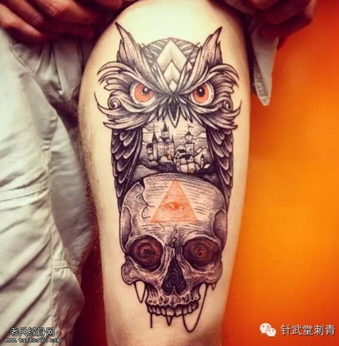 腿部个性猫头鹰骷髅纹身图案