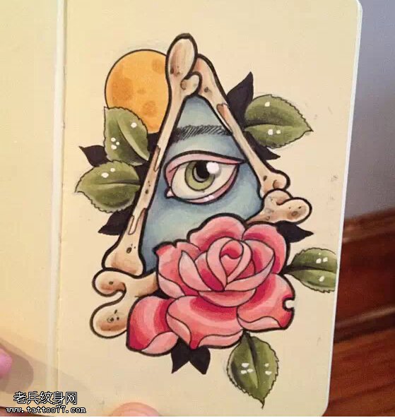 彩色上帝之眼玫瑰花纹身手稿图案