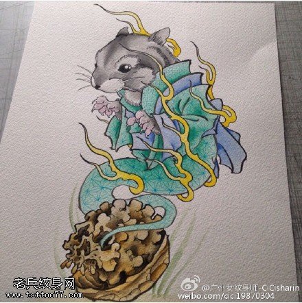 彩色老鼠纹身手稿图