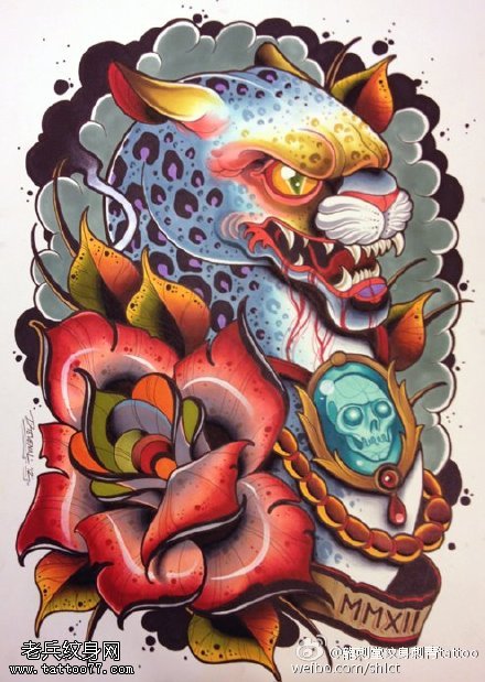 腾云翔舞豹子蓝宝石纹身图案