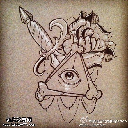 未完成匕首玫瑰花上帝之眼纹身图案