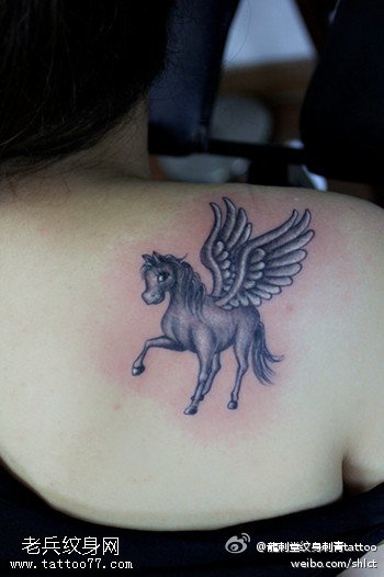 肩部小马双翅纹身图案