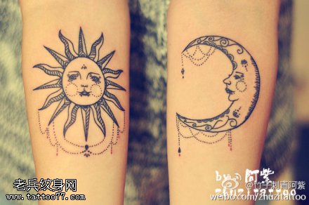 胳膊点刺太阳月亮纹身图案