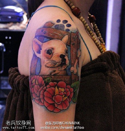 可爱牡丹团绕斗牛犬纹身图案