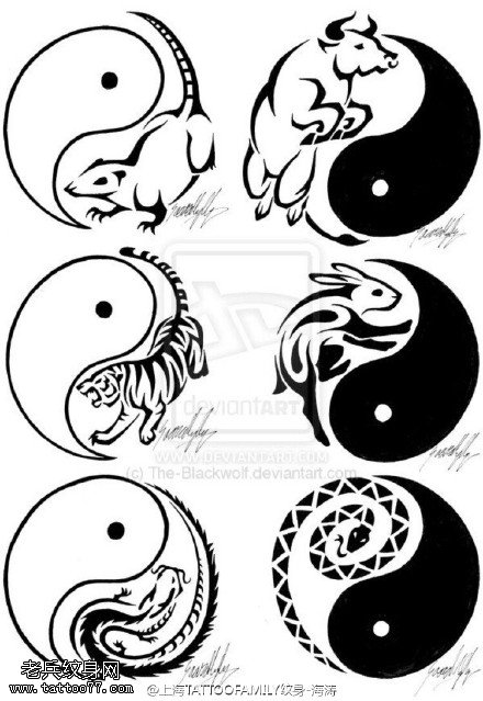 一组黑白生肖图手稿纹身图案