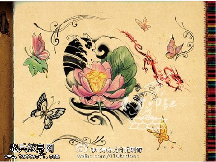 静静绽放的荷花蝴蝶翩翩起舞纹身图案