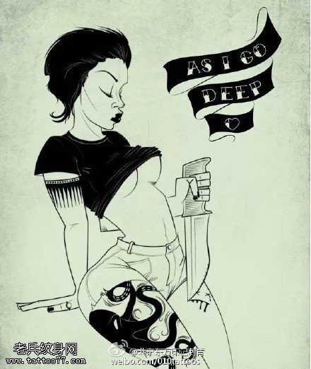 漫画中持刀的美女手稿纹身图案