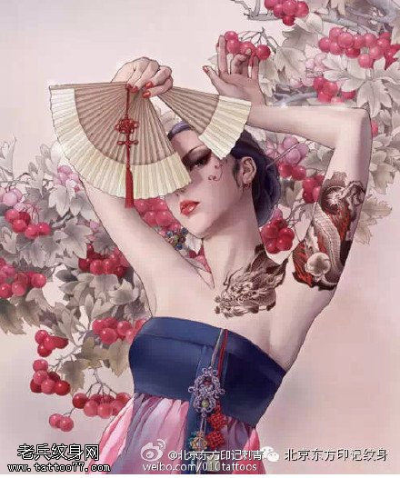 经典的扇子美女手稿纹身图案