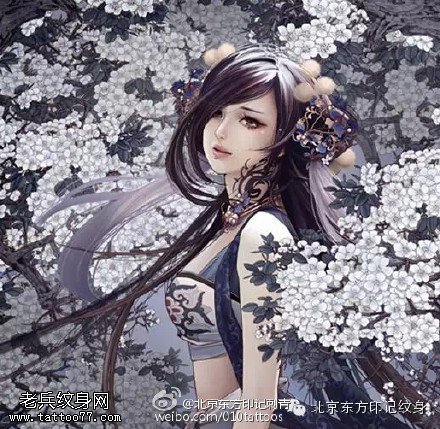 樱花盛开的美女手稿纹身图案