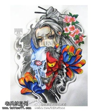 传统风格艺妓与般若手稿纹身图案
