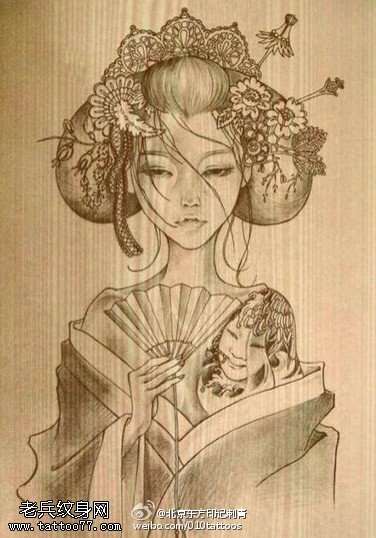 黑白艺妓手稿纹身图案