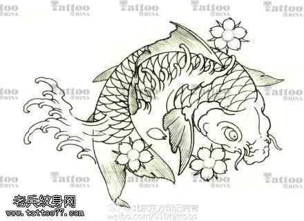 线条漂亮的锦鲤鱼手稿纹身图案