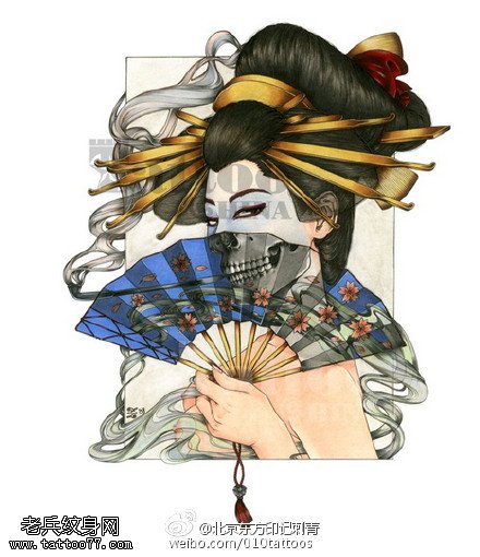 彩色优美的艺妓纹身图案