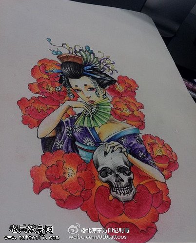 彩绘艺妓骷髅手稿纹身图案