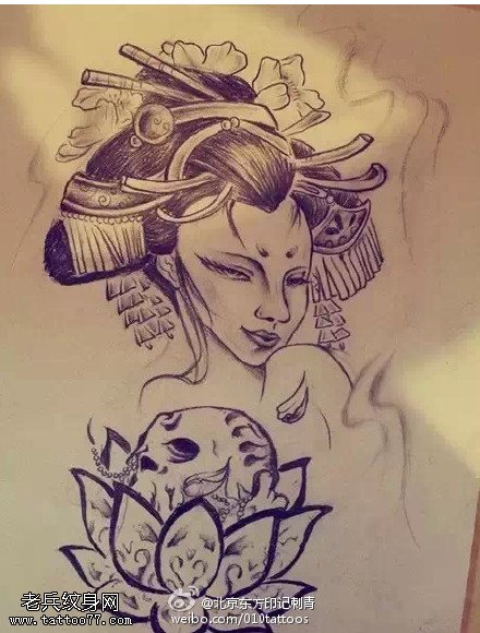 黑白莲花艺妓手稿纹身图案