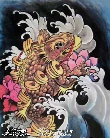 招财致富三腿金蟾手稿纹身图案