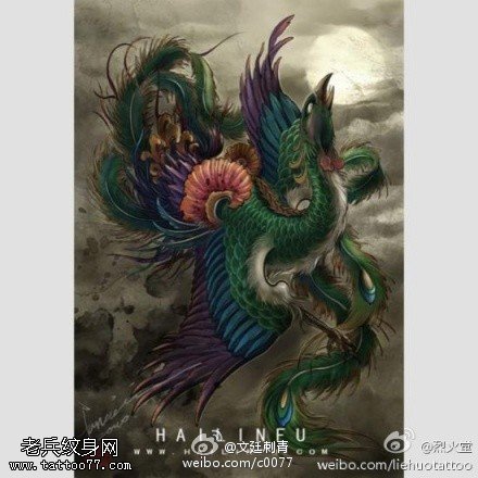 彩色漂亮的凤凰手稿纹身图案