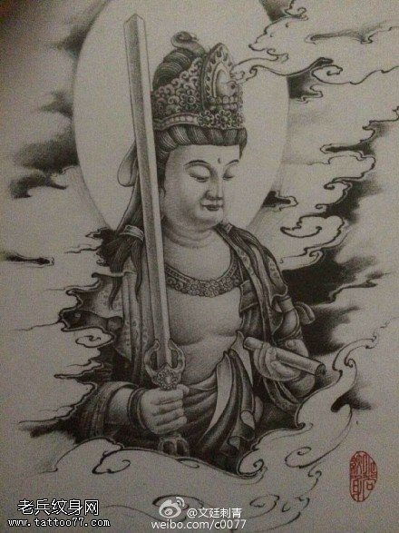 黑白色观音像手稿纹身图案